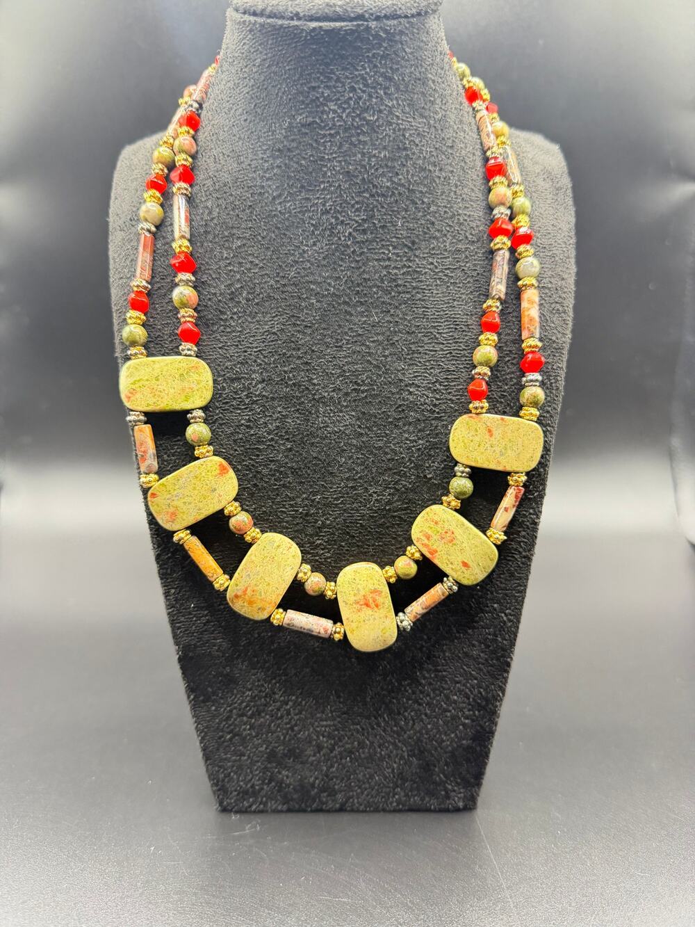 Vintage Red Green Natural Stone and Glass Bead Necklace summer fall